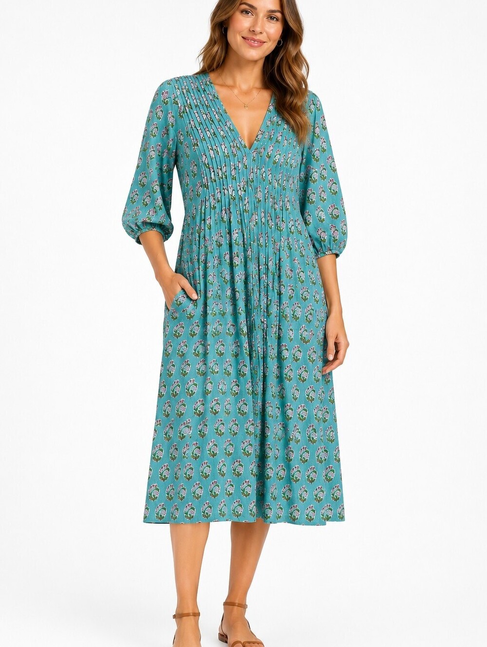 Dolma Women's Blue Cotton Printed Mid Dress Boho V-Neck Pockets - Size M